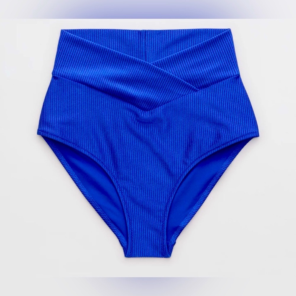 NWT Aerie Shine Rib Crossover Full Coverage High Waisted Bikini Bottom Blue - XL
